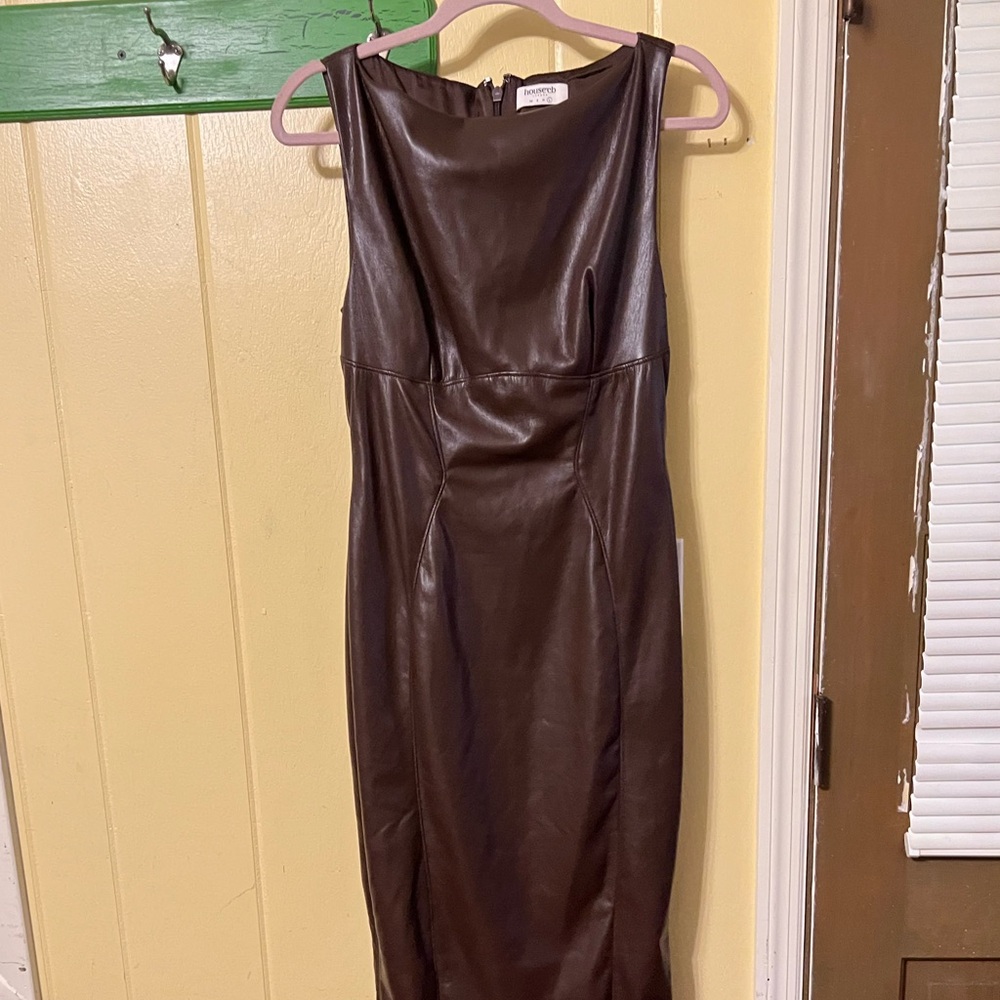 House of CB Brown Vegan Leather Sleeveless Maxi Dress Slit Back Bodycon Size L - Picture 5 of 11